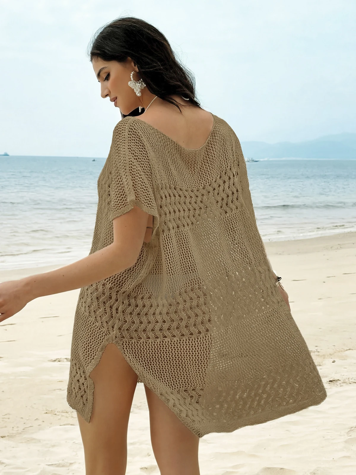 Vacation Style Hollow Out Textured Bikini Cover-Up Dress, Loose Simple Side Slit Knitted Dress, Casual Plain Fit for Women