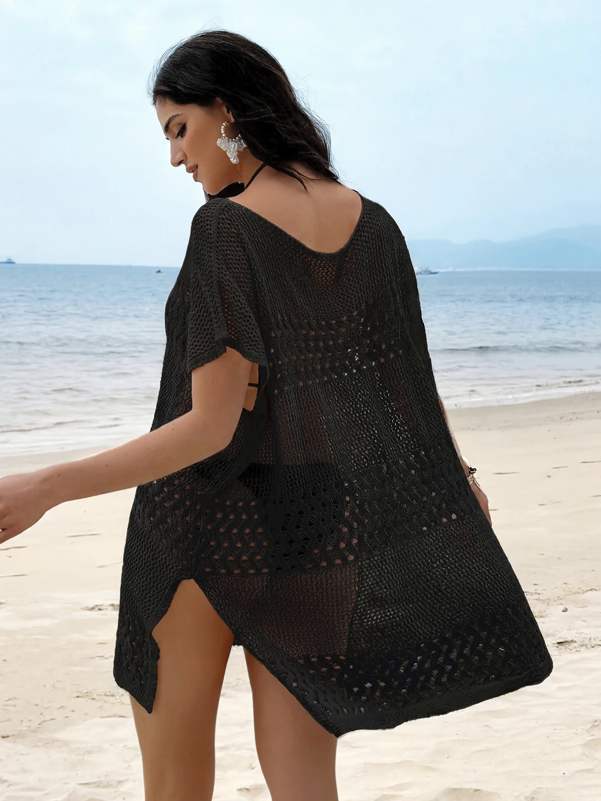 Vacation Style Hollow Out Textured Bikini Cover-Up Dress, Loose Simple Side Slit Knitted Dress, Casual Plain Fit for Women
