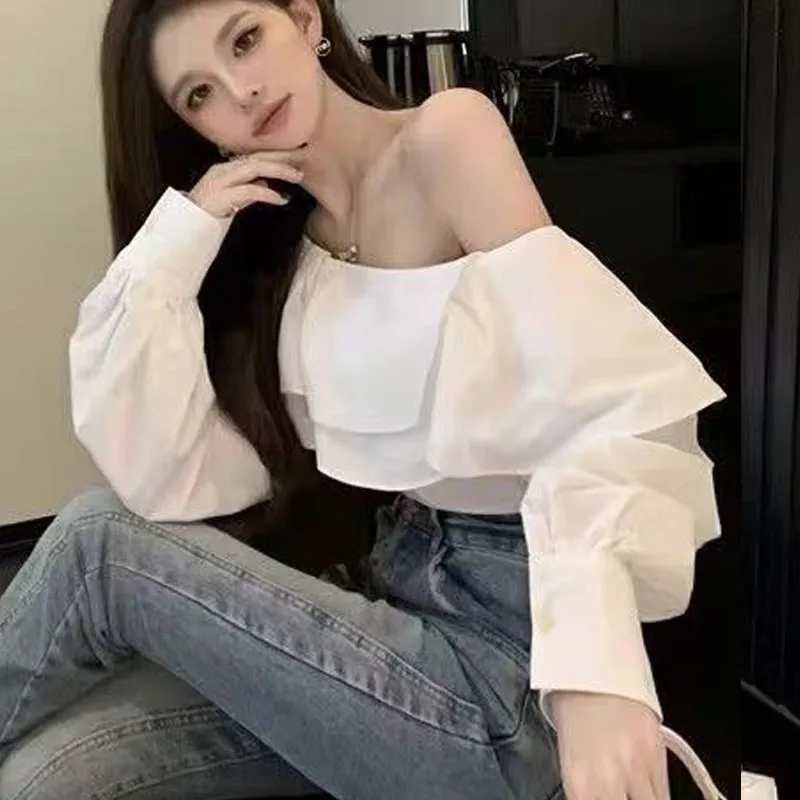Chic Korean Long Sleeve Women Blouse Ruffle White Lantern Sleeve Tops Off Shoulder Sexy Shirt Elegant Cotton Clothing