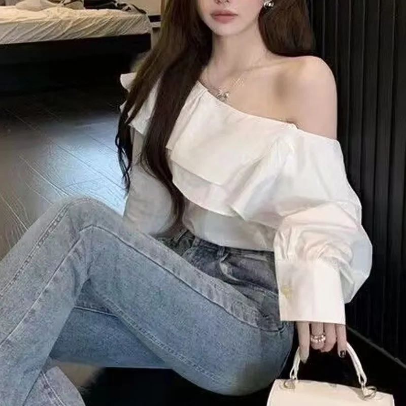Chic Korean Long Sleeve Women Blouse Ruffle White Lantern Sleeve Tops Off Shoulder Sexy Shirt Elegant Cotton Clothing
