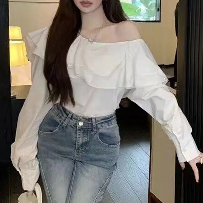 Chic Korean Long Sleeve Women Blouse Ruffle White Lantern Sleeve Tops Off Shoulder Sexy Shirt Elegant Cotton Clothing