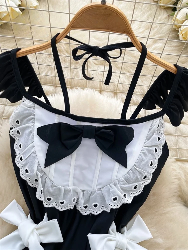Sexy Comfortable Body Dress with Small Fly Sleeves Bow Tie Cinching Ruffles Cute Strap Design for Women Fashion