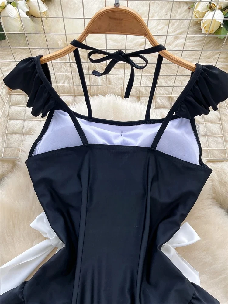 Sexy Comfortable Body Dress with Small Fly Sleeves Bow Tie Cinching Ruffles Cute Strap Design for Women Fashion