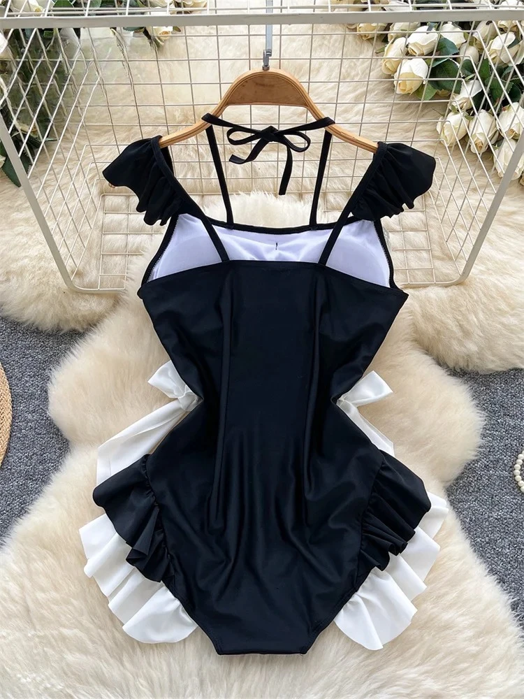 Sexy Comfortable Body Dress with Small Fly Sleeves Bow Tie Cinching Ruffles Cute Strap Design for Women Fashion