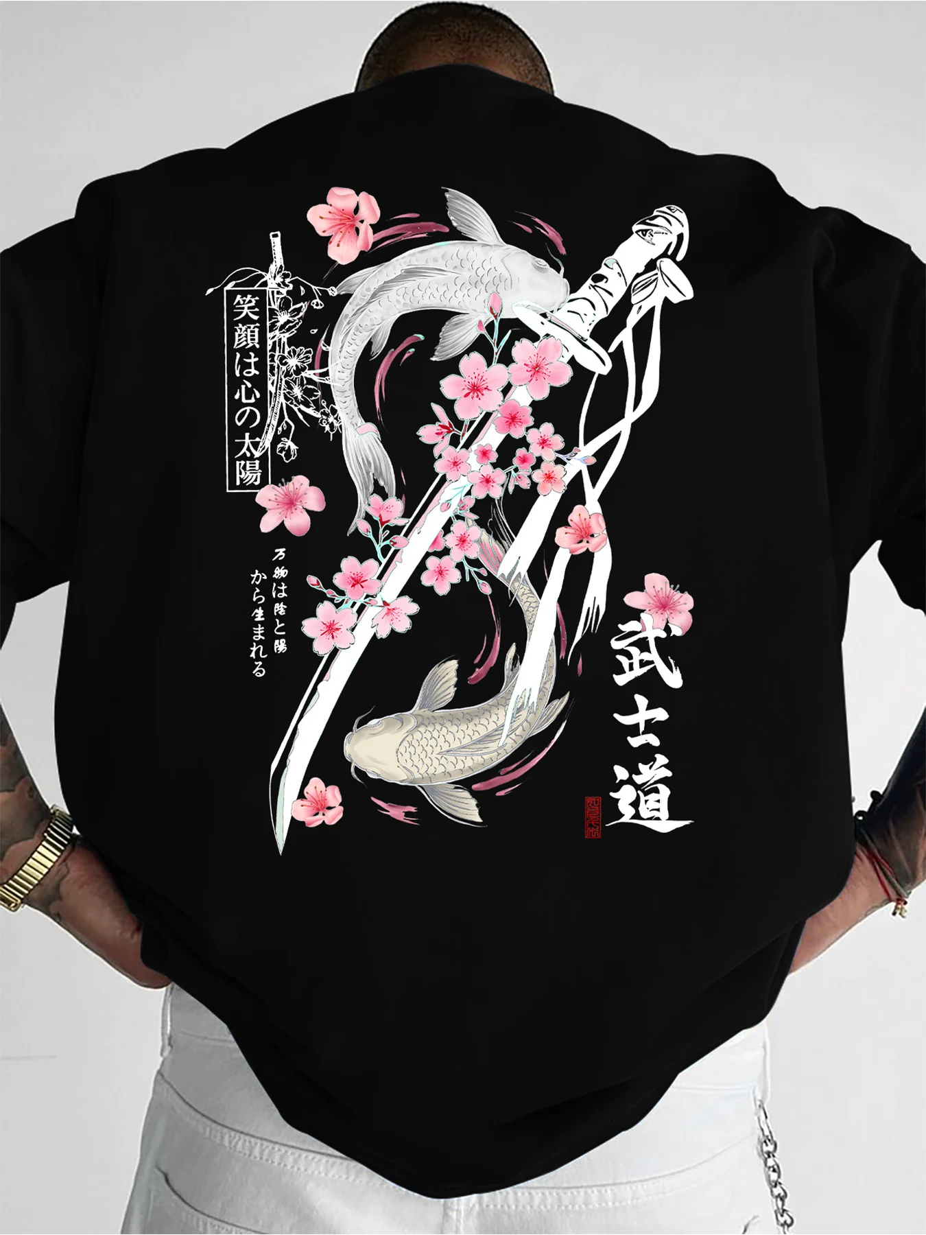 Summer Double Golden Carp Bushido Print Men's Round-neck T-shirt Japanese Cool Culture Style Short Sleeve Casual Daily Wear