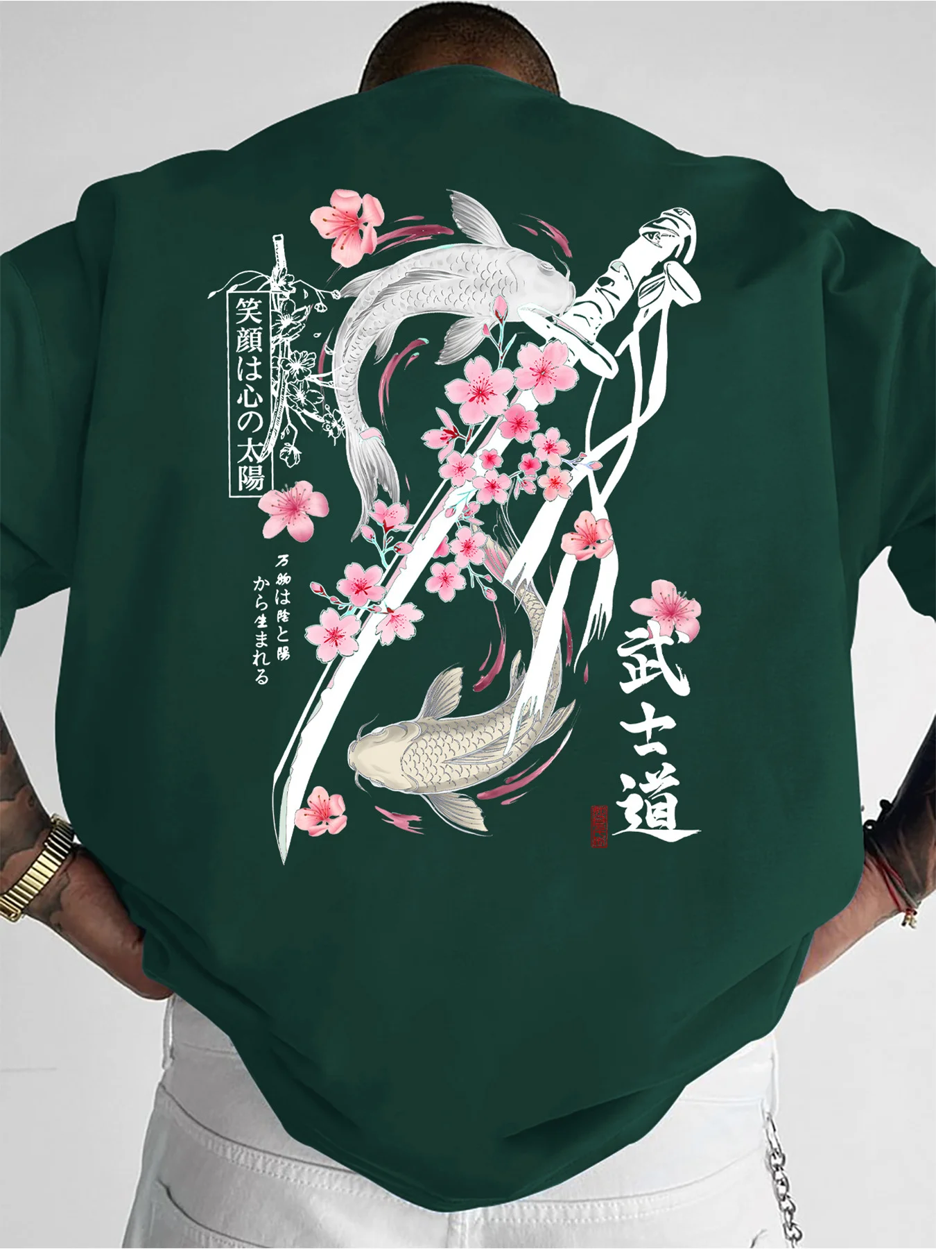 Summer Double Golden Carp Bushido Print Men's Round-neck T-shirt Japanese Cool Culture Style Short Sleeve Casual Daily Wear