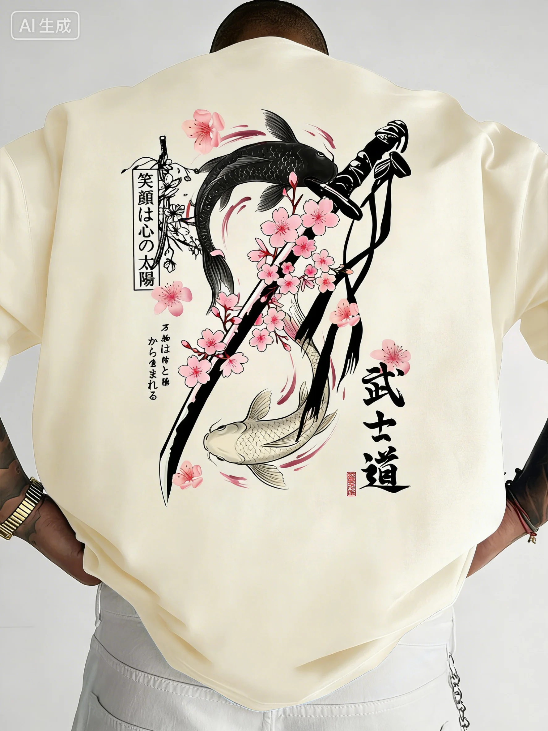 Summer Double Golden Carp Bushido Print Men's Round-neck T-shirt Japanese Cool Culture Style Short Sleeve Casual Daily Wear