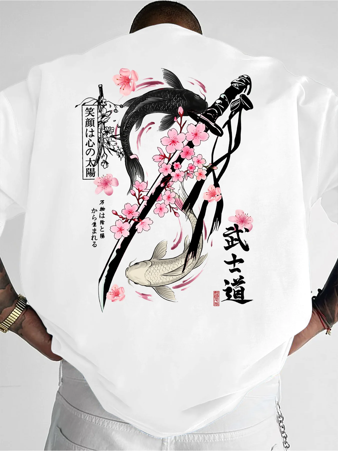 Summer Double Golden Carp Bushido Print Men's Round-neck T-shirt Japanese Cool Culture Style Short Sleeve Casual Daily Wear