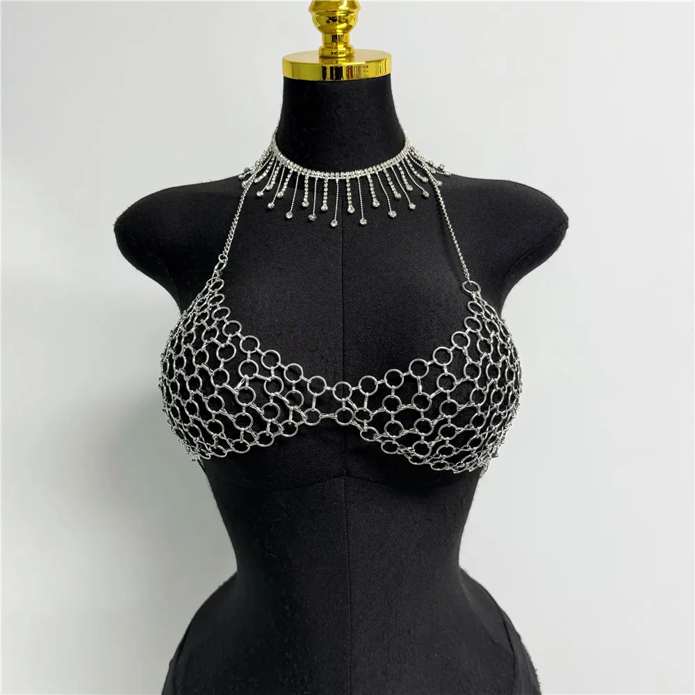 Chic Metal Chain Design Women Camisole Sexy Hollow Out V Neck Backless Halter Neck See Through Tank Top Rave Festival Crop Top