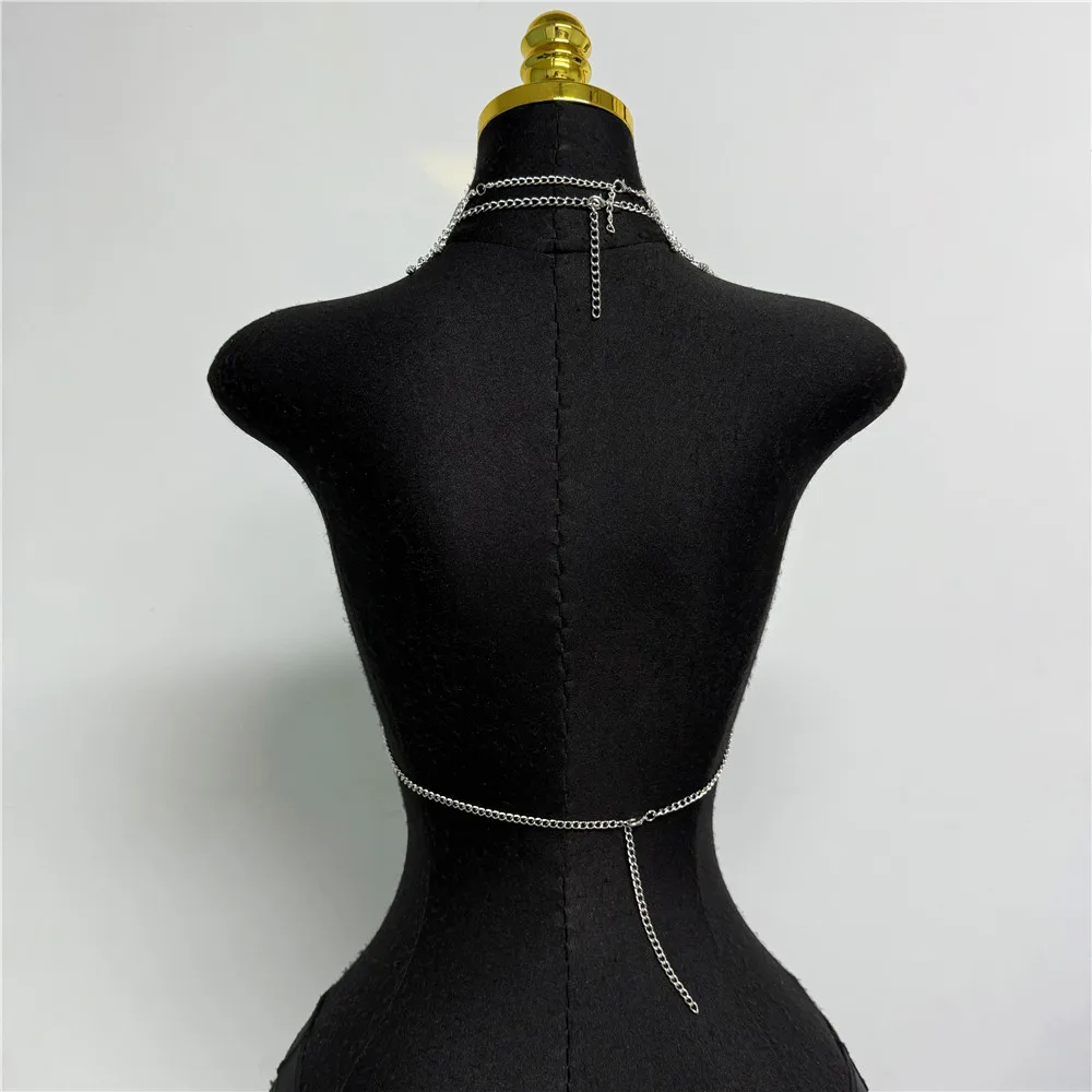 Chic Metal Chain Design Women Camisole Sexy Hollow Out V Neck Backless Halter Neck See Through Tank Top Rave Festival Crop Top