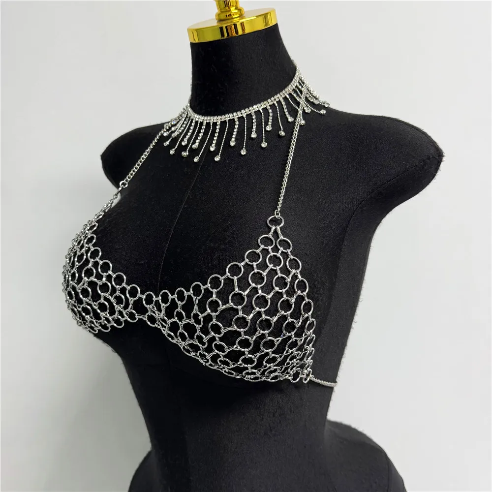 Chic Metal Chain Design Women Camisole Sexy Hollow Out V Neck Backless Halter Neck See Through Tank Top Rave Festival Crop Top