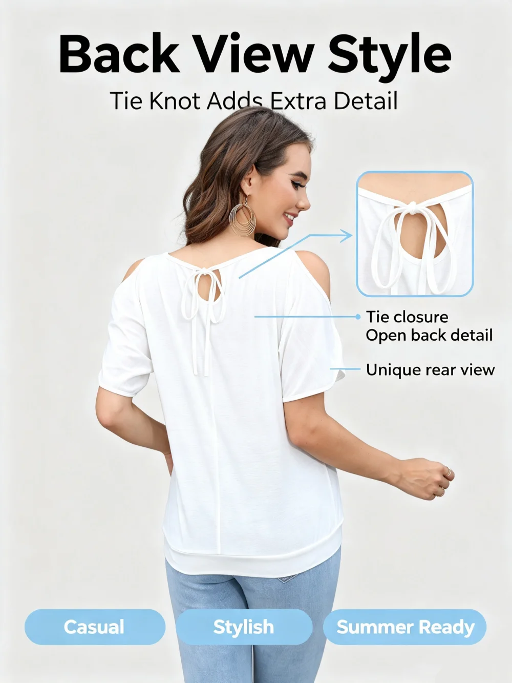 Women Cold Shoulder Short Sleeve T Shirts Back Tie Knot Loose Casual Solid White Blouse Summer Soft Tee Tops