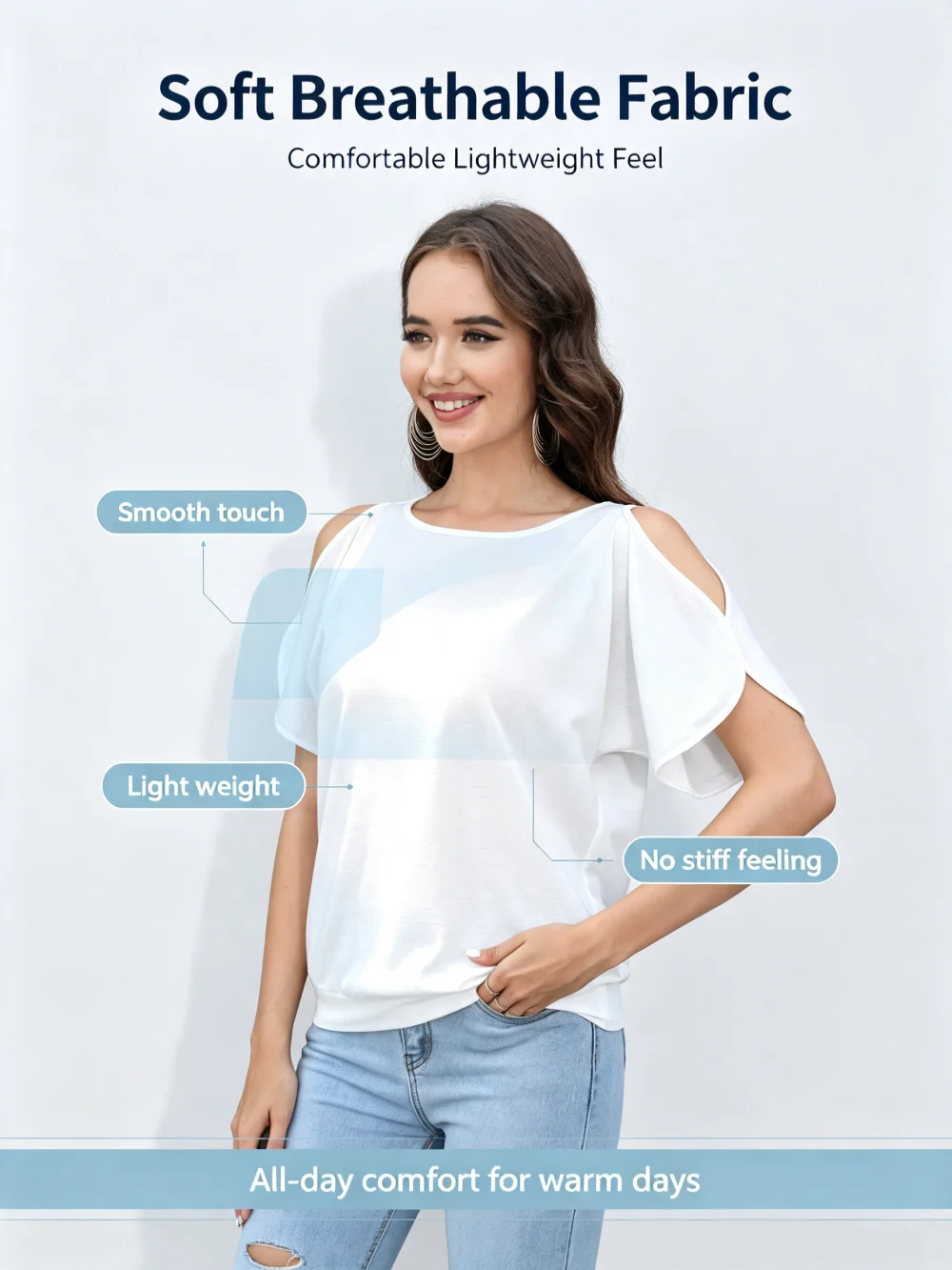 Women Cold Shoulder Short Sleeve T Shirts Back Tie Knot Loose Casual Solid White Blouse Summer Soft Tee Tops