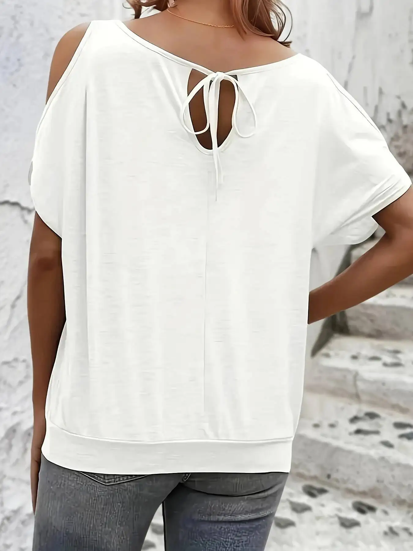 Women Cold Shoulder Short Sleeve T Shirts Back Tie Knot Loose Casual Solid White Blouse Summer Soft Tee Tops