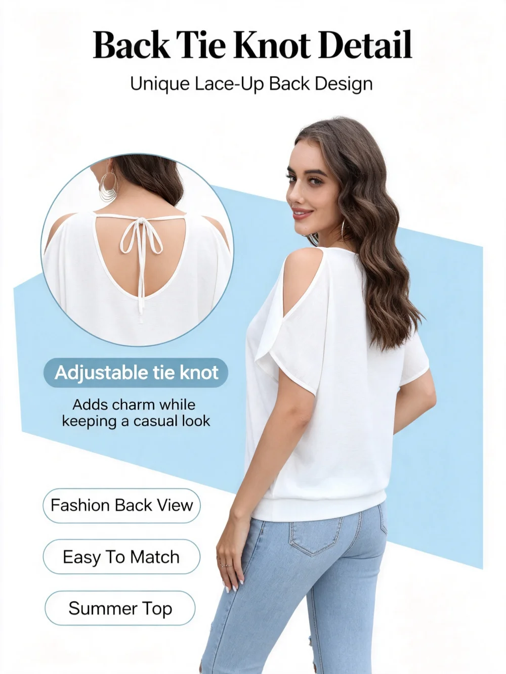 Women Cold Shoulder Short Sleeve T Shirts Back Tie Knot Loose Casual Solid White Blouse Summer Soft Tee Tops