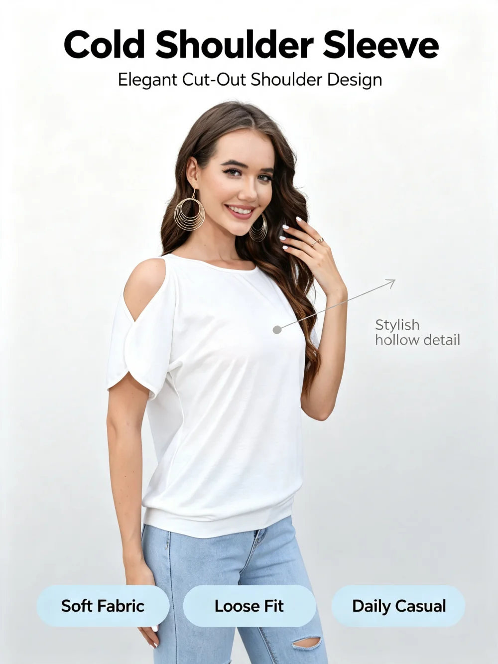 Women Cold Shoulder Short Sleeve T Shirts Back Tie Knot Loose Casual Solid White Blouse Summer Soft Tee Tops