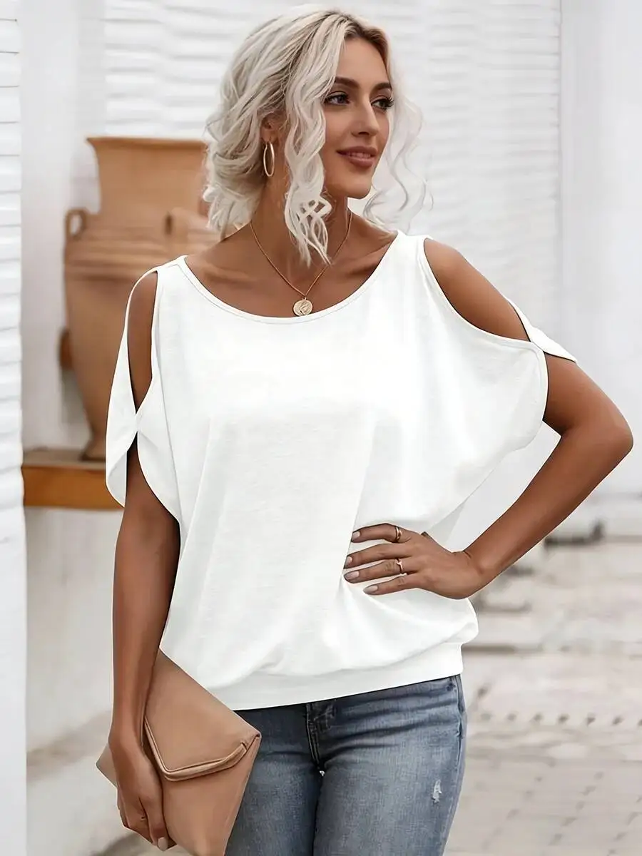 Women Cold Shoulder Short Sleeve T Shirts Back Tie Knot Loose Casual Solid White Blouse Summer Soft Tee Tops