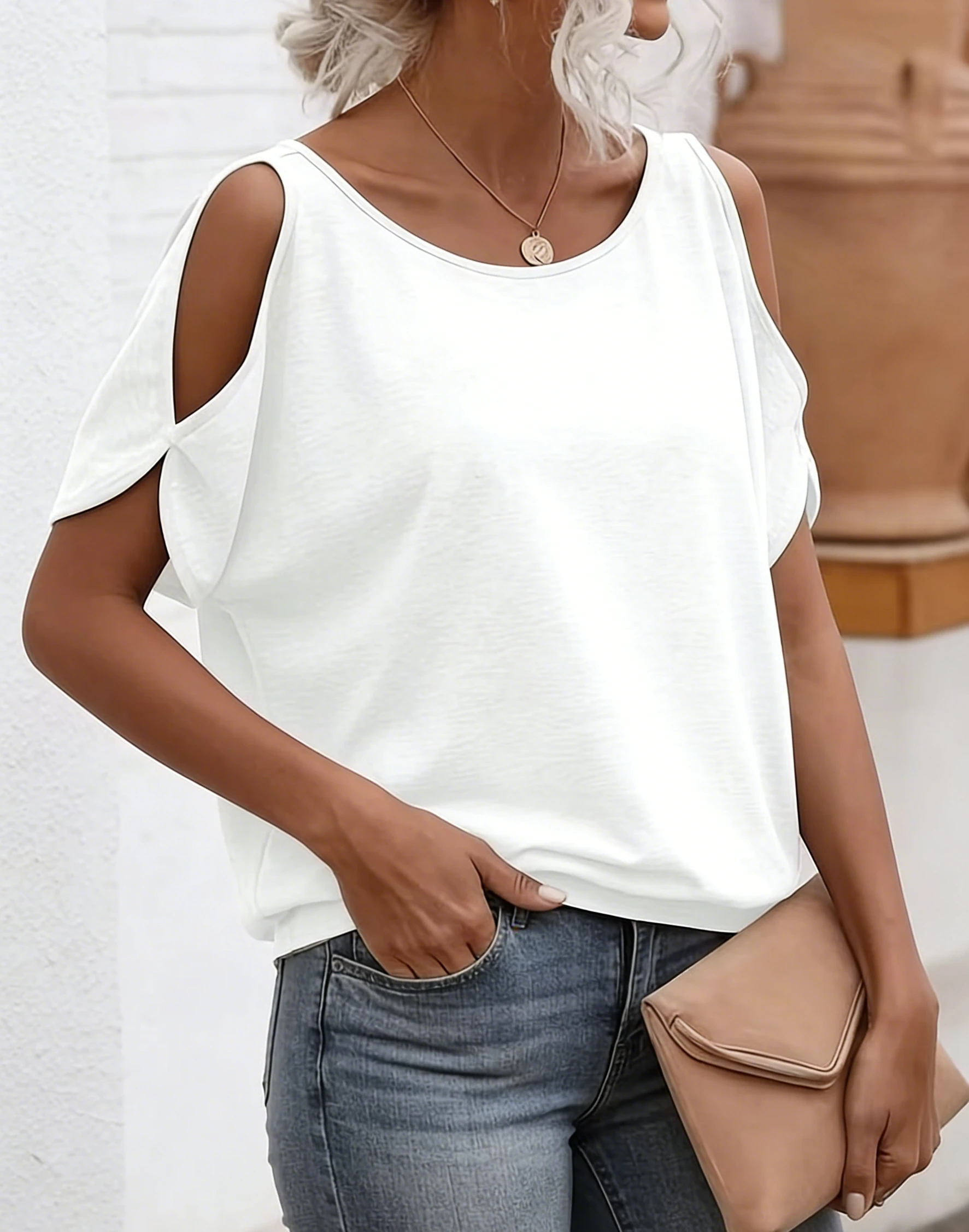 Women Cold Shoulder Short Sleeve T Shirts Back Tie Knot Loose Casual Solid White Blouse Summer Soft Tee Tops
