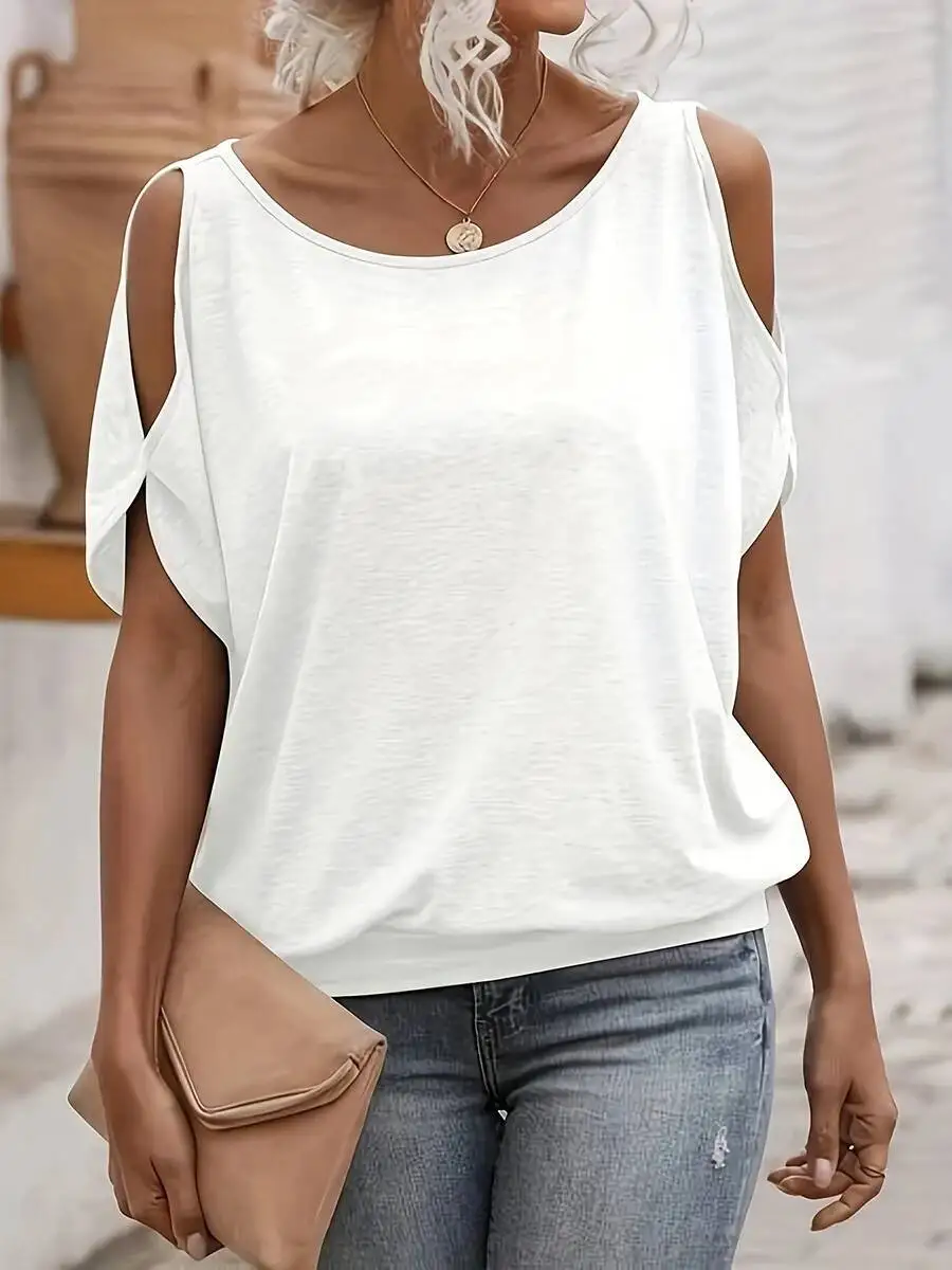 Women Cold Shoulder Short Sleeve T Shirts Back Tie Knot Loose Casual Solid White Blouse Summer Soft Tee Tops