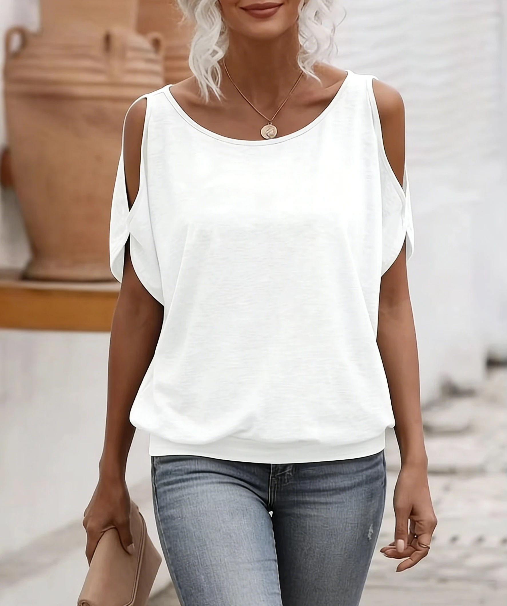 Women Cold Shoulder Short Sleeve T Shirts Back Tie Knot Loose Casual Solid White Blouse Summer Soft Tee Tops