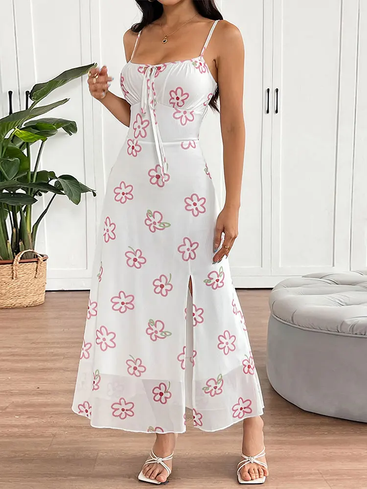 Women Sling Maxi Dresses Summer New Streetwear Fashion Lace-up Split Pink Sexy Print Dress Lady Backless Knitted Dress Clothing