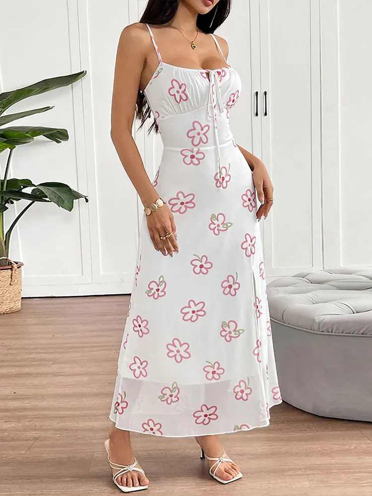 Women Sling Maxi Dresses Summer New Streetwear Fashion Lace-up Split Pink Sexy Print Dress Lady Backless Knitted Dress Clothing