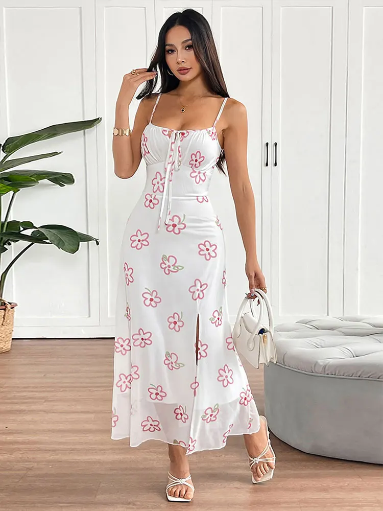 Women Sling Maxi Dresses Summer New Streetwear Fashion Lace-up Split Pink Sexy Print Dress Lady Backless Knitted Dress Clothing
