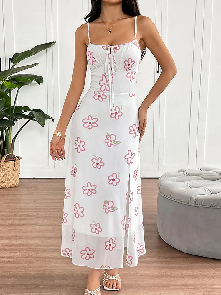Women Sling Maxi Dresses Summer New Streetwear Fashion Lace-up Split Pink Sexy Print Dress Lady Backless Knitted Dress Clothing