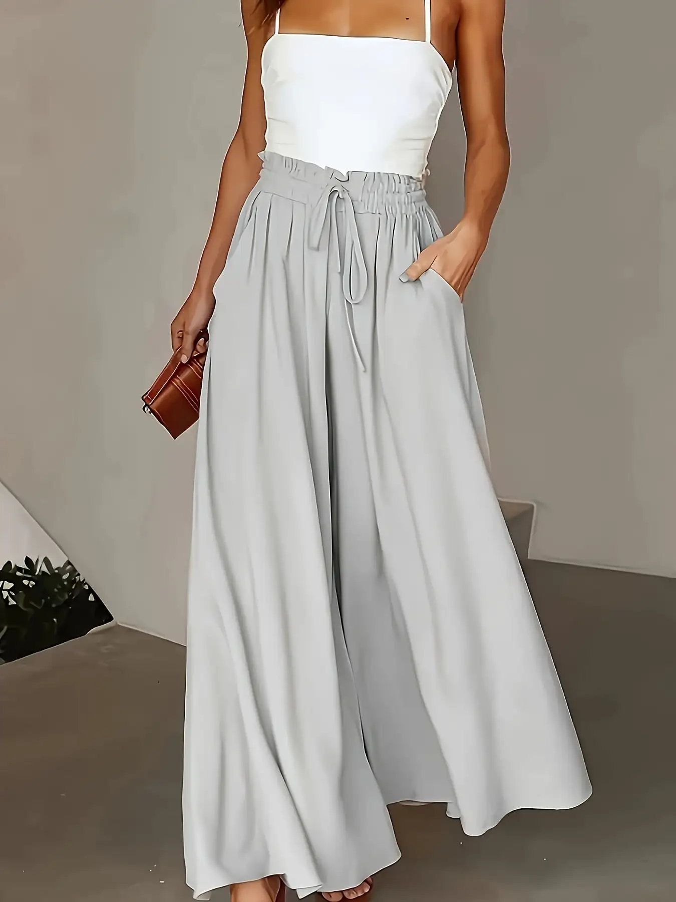 Women's Loose Pocket Pants, Wide-Leg yoga Pants, High-Waisted Fitness Pants, Waist-Cinching Casual Pants, Trousers