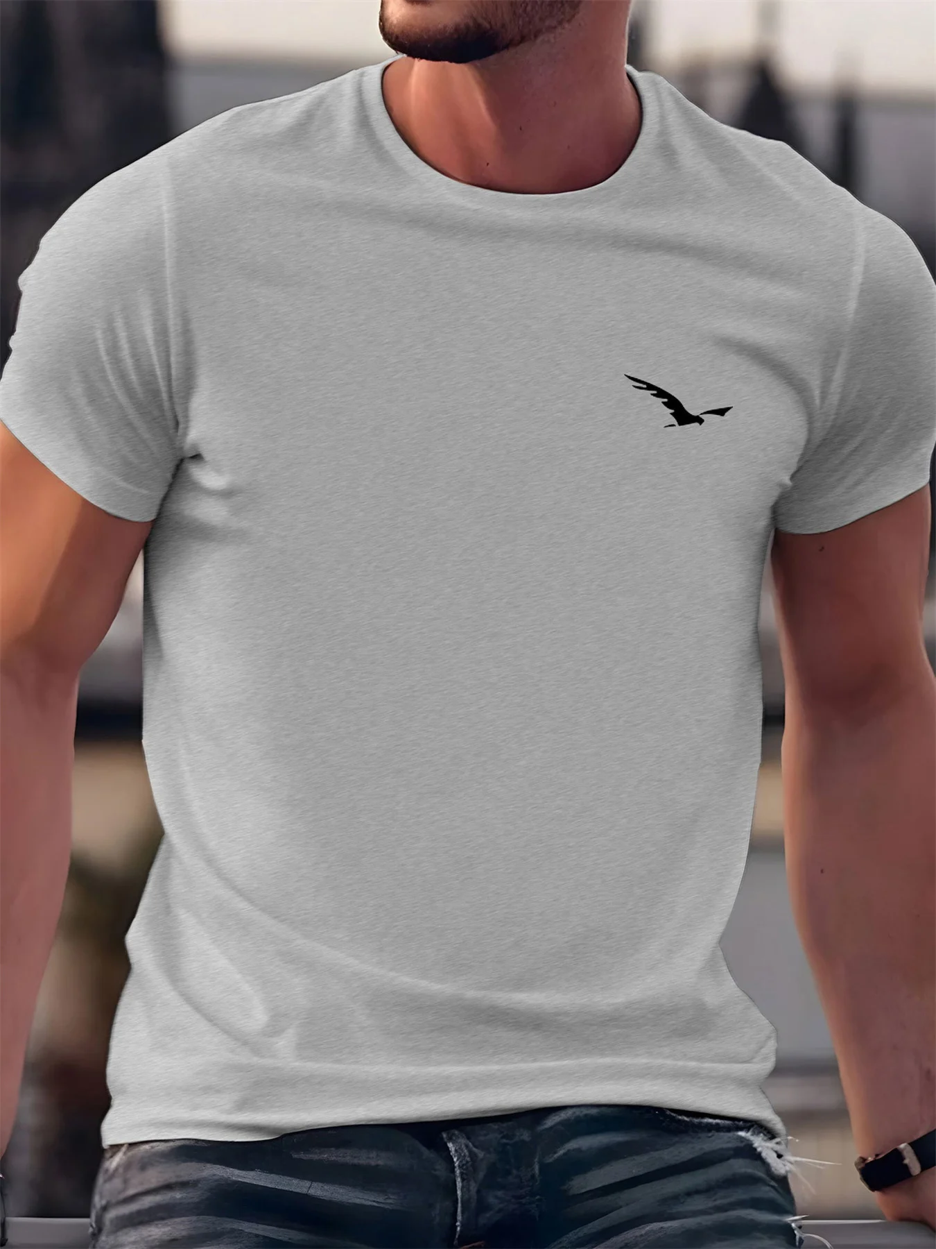 Men's Summer 100% Cotton Fashionable Casual Loose Sport Bird Pattern Printed Round Neck Short Sleeve T-shirt Top