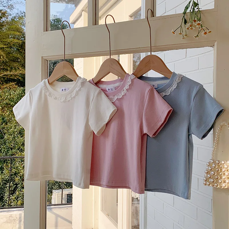 Clothes Sweet Lace Neck Clothing Tops 1 to 6 Years Short Sleeved T-shirt Korean Girls Summer