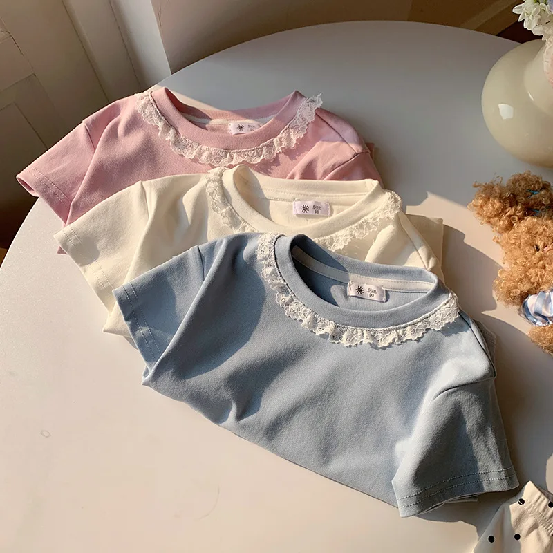 Clothes Sweet Lace Neck Clothing Tops 1 to 6 Years Short Sleeved T-shirt Korean Girls Summer