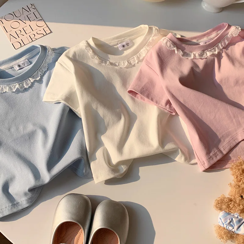 Clothes Sweet Lace Neck Clothing Tops 1 to 6 Years Short Sleeved T-shirt Korean Girls Summer