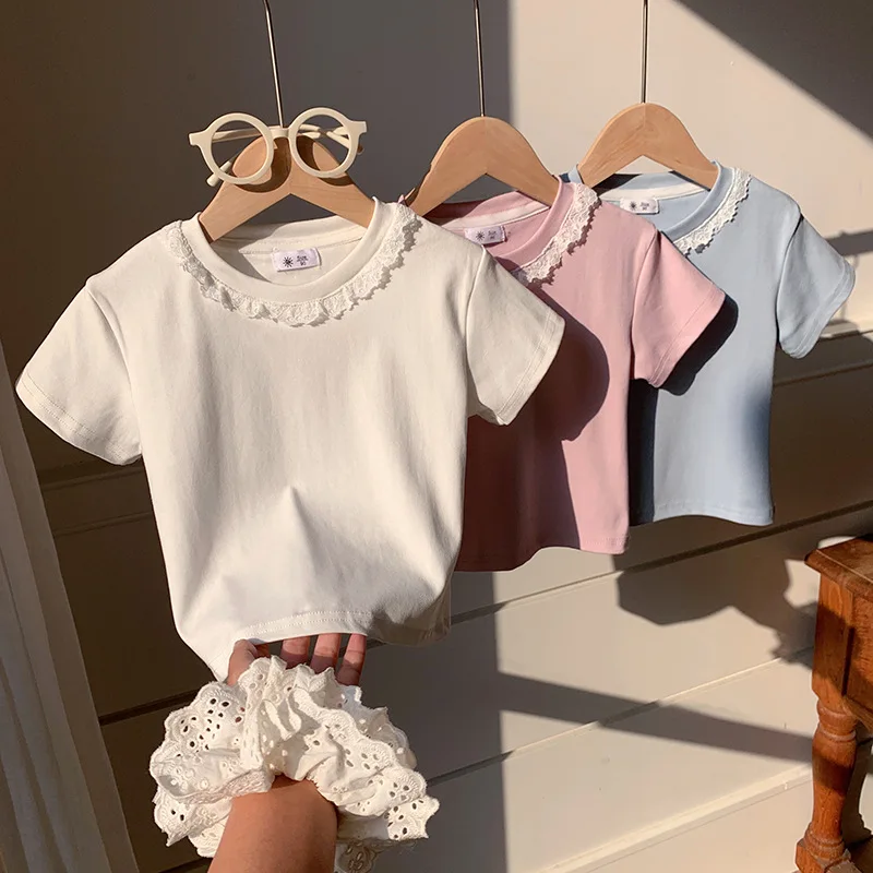 Clothes Sweet Lace Neck Clothing Tops 1 to 6 Years Short Sleeved T-shirt Korean Girls Summer