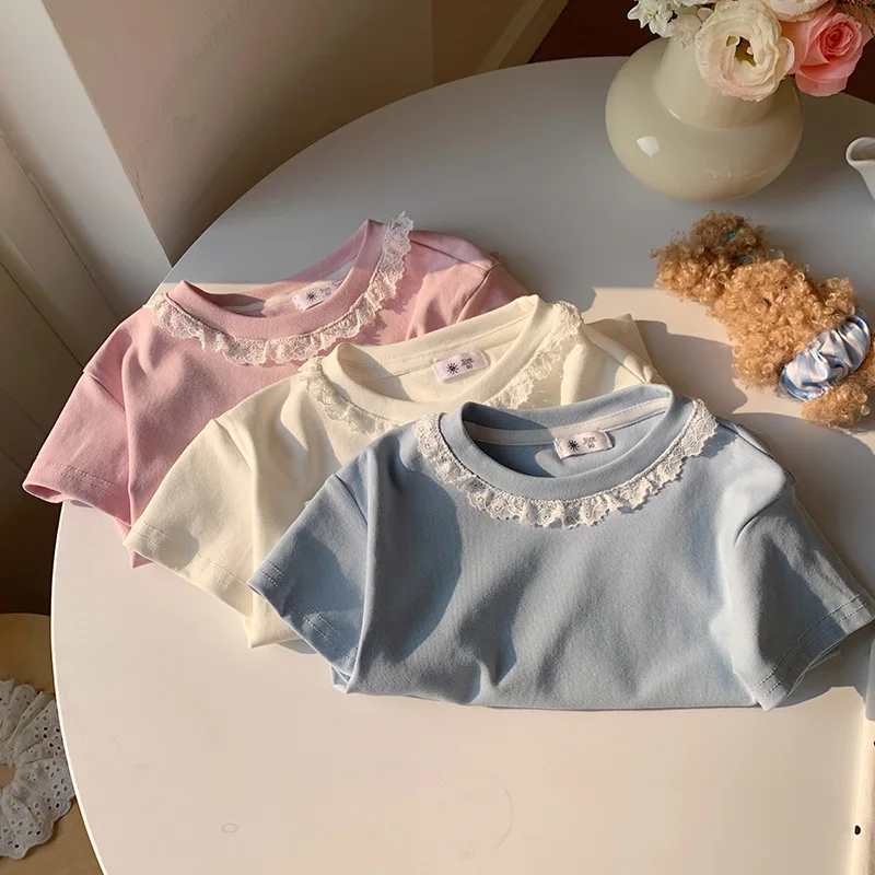 Clothes Sweet Lace Neck Clothing Tops 1 to 6 Years Short Sleeved T-shirt Korean Girls Summer
