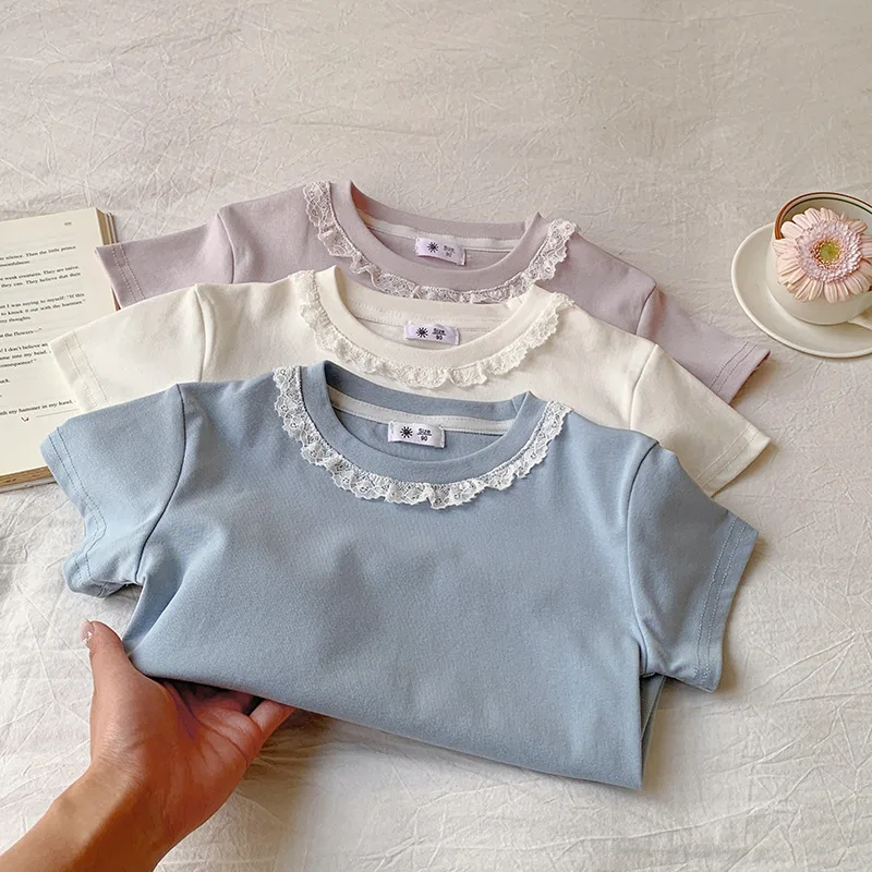 Clothes Sweet Lace Neck Clothing Tops 1 to 6 Years Short Sleeved T-shirt Korean Girls Summer