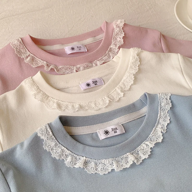 Clothes Sweet Lace Neck Clothing Tops 1 to 6 Years Short Sleeved T-shirt Korean Girls Summer