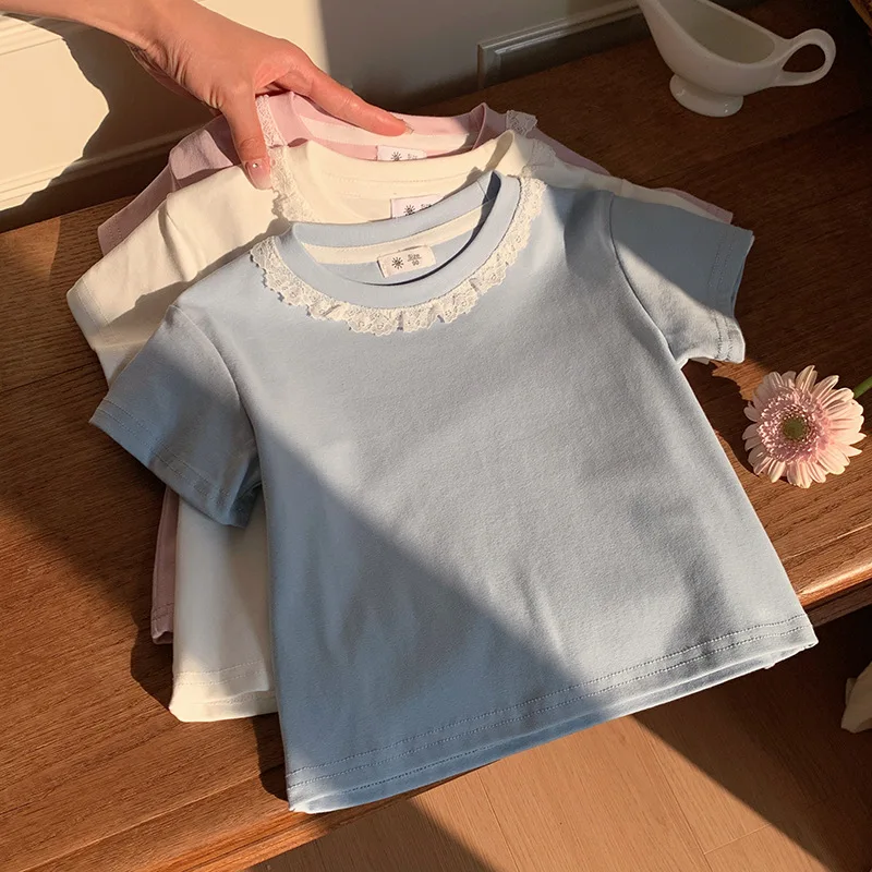 Clothes Sweet Lace Neck Clothing Tops 1 to 6 Years Short Sleeved T-shirt Korean Girls Summer