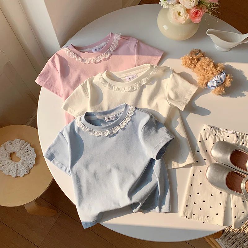 Clothes Sweet Lace Neck Clothing Tops 1 to 6 Years Short Sleeved T-shirt Korean Girls Summer