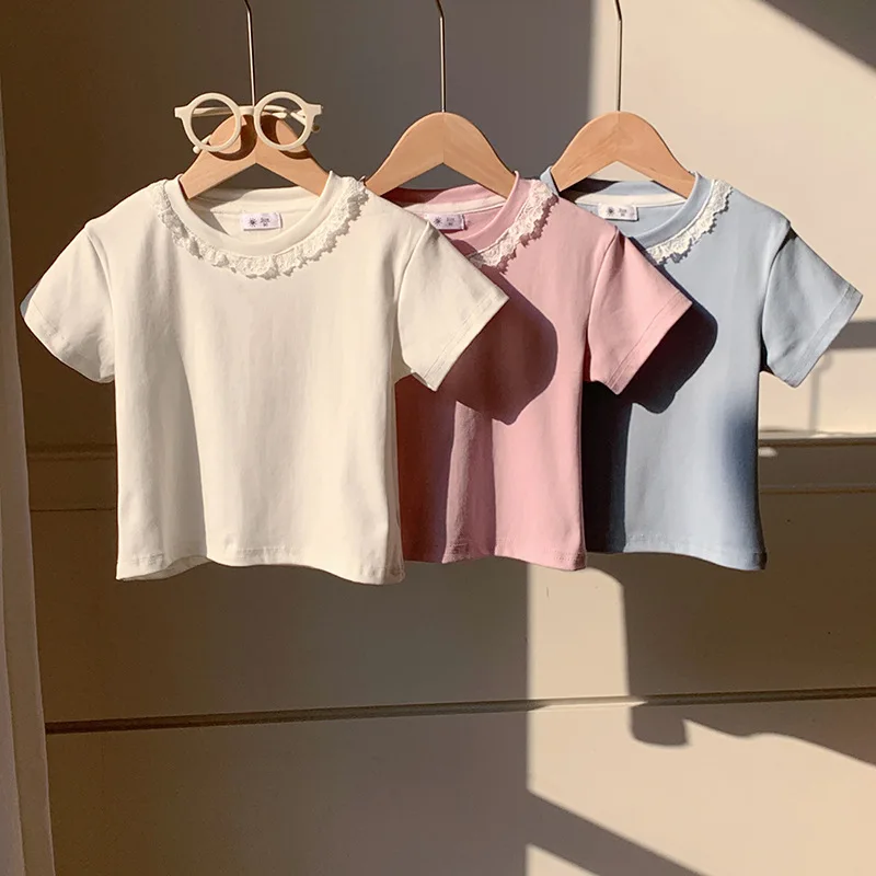 Clothes Sweet Lace Neck Clothing Tops 1 to 6 Years Short Sleeved T-shirt Korean Girls Summer