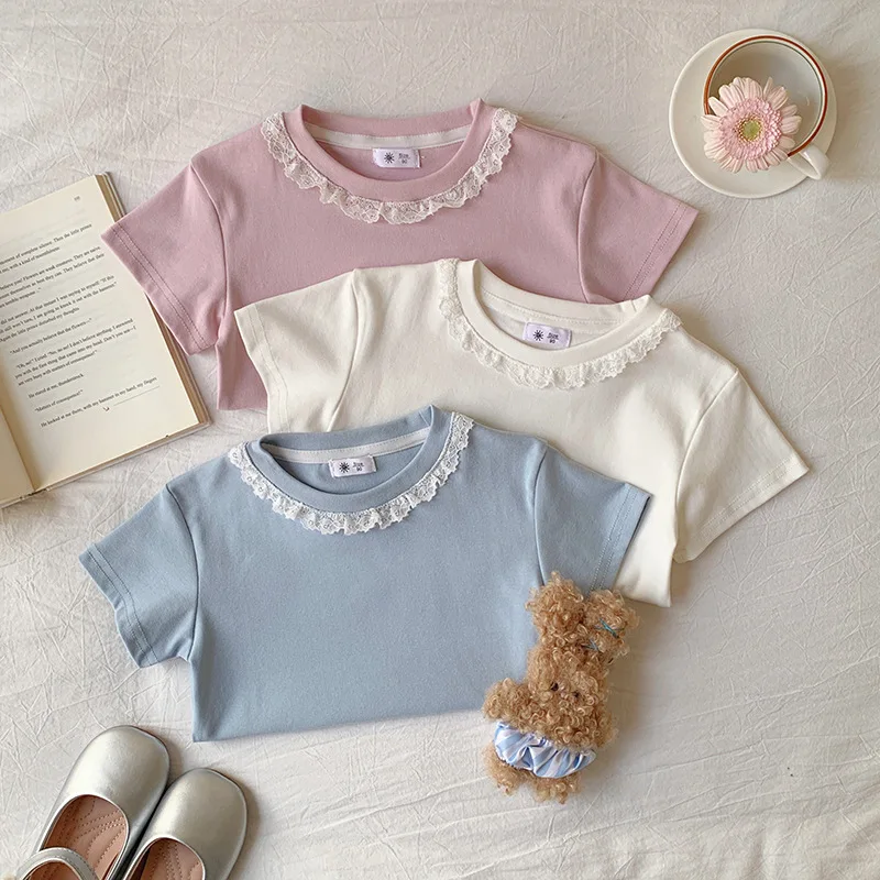 Clothes Sweet Lace Neck Clothing Tops 1 to 6 Years Short Sleeved T-shirt Korean Girls Summer