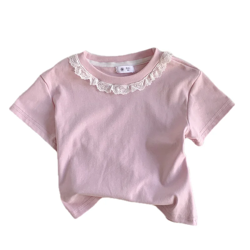 Clothes Sweet Lace Neck Clothing Tops 1 to 6 Years Short Sleeved T-shirt Korean Girls Summer