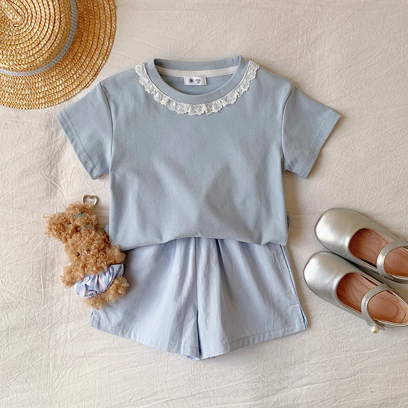 Clothes Sweet Lace Neck Clothing Tops 1 to 6 Years Short Sleeved T-shirt Korean Girls Summer