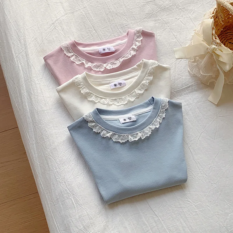Clothes Sweet Lace Neck Clothing Tops 1 to 6 Years Short Sleeved T-shirt Korean Girls Summer