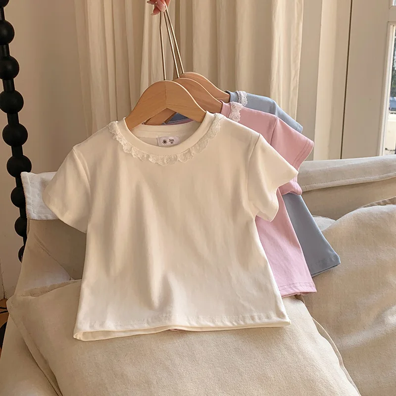 Clothes Sweet Lace Neck Clothing Tops 1 to 6 Years Short Sleeved T-shirt Korean Girls Summer