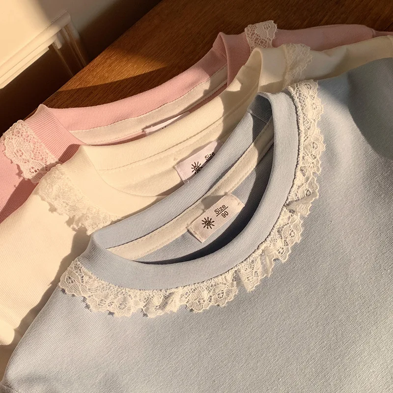Clothes Sweet Lace Neck Clothing Tops 1 to 6 Years Short Sleeved T-shirt Korean Girls Summer