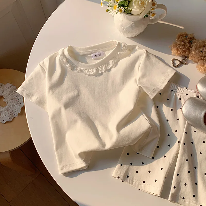 Clothes Sweet Lace Neck Clothing Tops 1 to 6 Years Short Sleeved T-shirt Korean Girls Summer