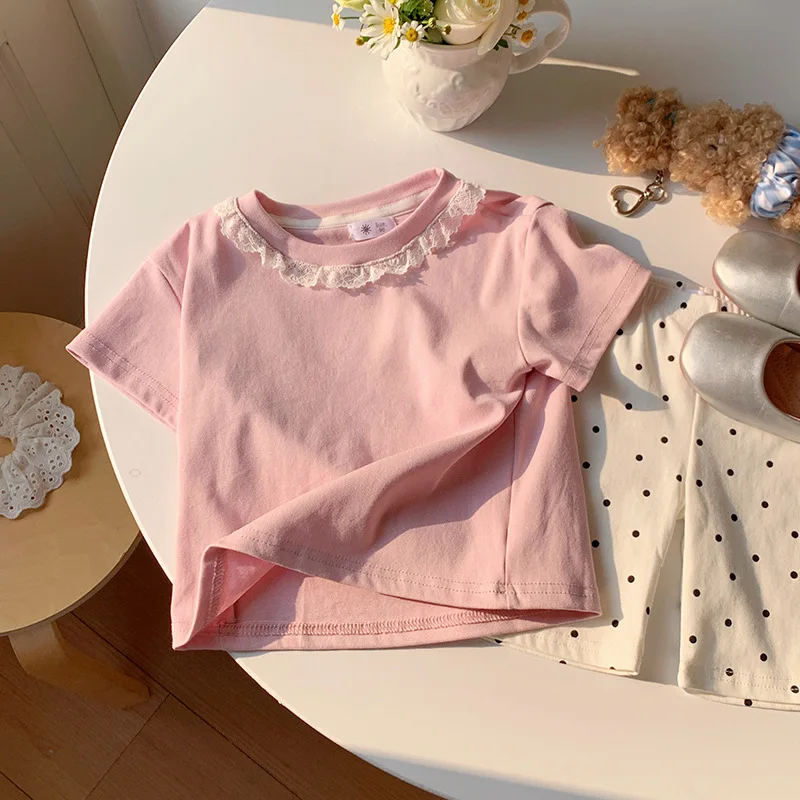 Clothes Sweet Lace Neck Clothing Tops 1 to 6 Years Short Sleeved T-shirt Korean Girls Summer