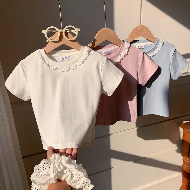 Clothes Sweet Lace Neck Clothing Tops 1 to 6 Years Short Sleeved T-shirt Korean Girls Summer