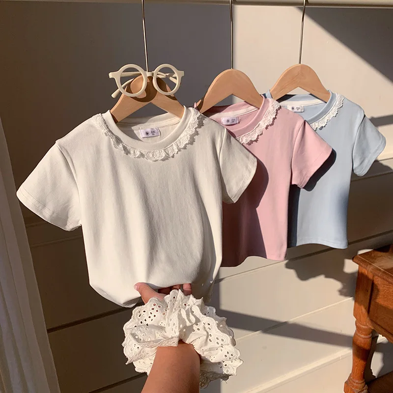 Clothes Sweet Lace Neck Clothing Tops 1 to 6 Years Short Sleeved T-shirt Korean Girls Summer